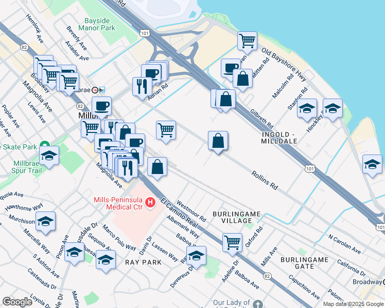 map of restaurants, bars, coffee shops, grocery stores, and more near 30 Ingold Road in Burlingame