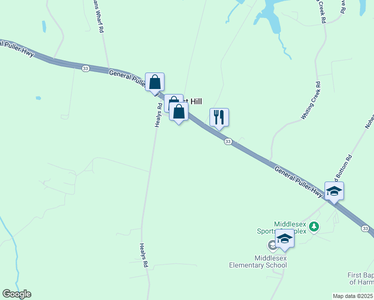 map of restaurants, bars, coffee shops, grocery stores, and more near 6008 General Puller Highway in Locust Hill