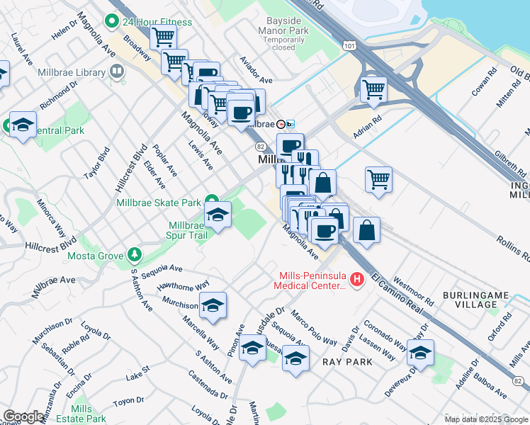 map of restaurants, bars, coffee shops, grocery stores, and more near 131 South Magnolia Avenue in Millbrae