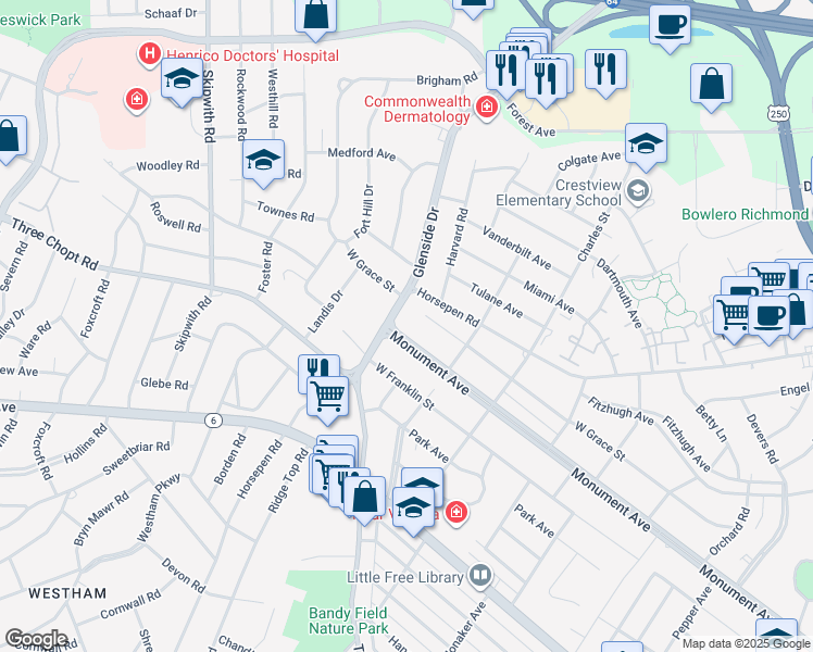 map of restaurants, bars, coffee shops, grocery stores, and more near 7220 Monument Avenue in Richmond