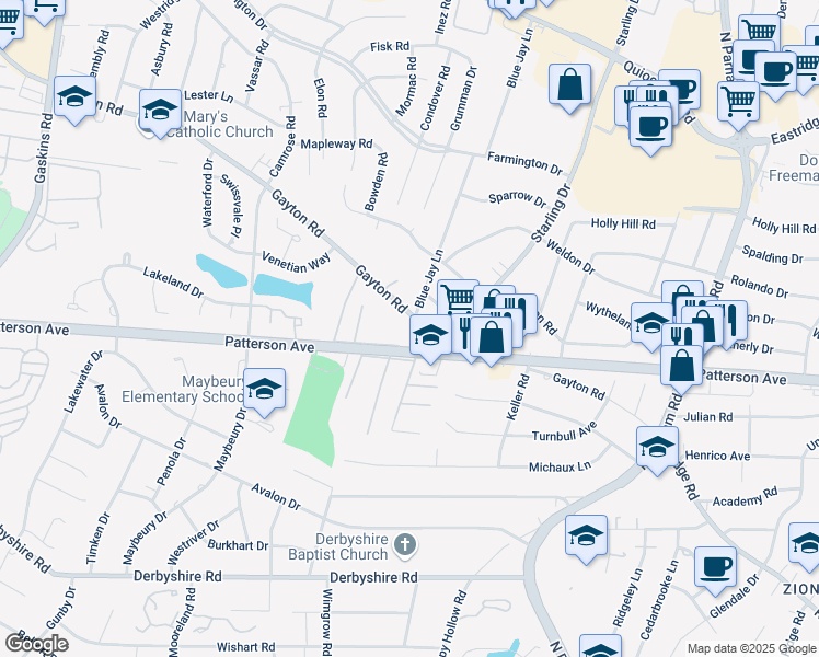map of restaurants, bars, coffee shops, grocery stores, and more near 9010 Patterson Avenue in Richmond