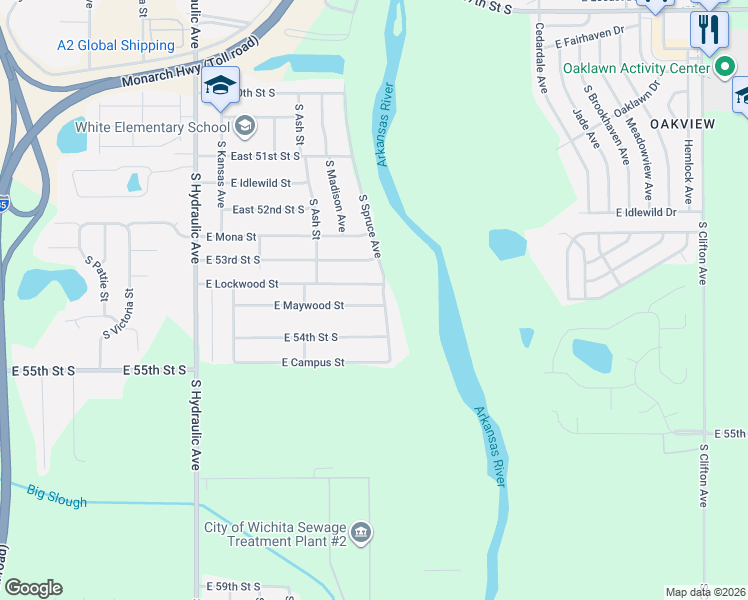 map of restaurants, bars, coffee shops, grocery stores, and more near 2242-2298 East Maywood Street in Wichita