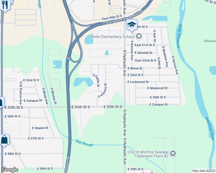 map of restaurants, bars, coffee shops, grocery stores, and more near 5419 S Victoria St in Wichita