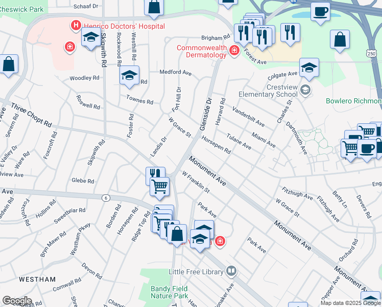 map of restaurants, bars, coffee shops, grocery stores, and more near 7220 Monument Avenue in Richmond