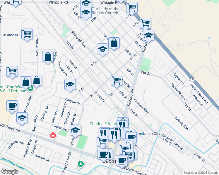 map of restaurants, bars, coffee shops, grocery stores, and more near 33836 11th Street in Union City