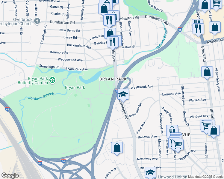 map of restaurants, bars, coffee shops, grocery stores, and more near 4308 Hermitage Road in Richmond