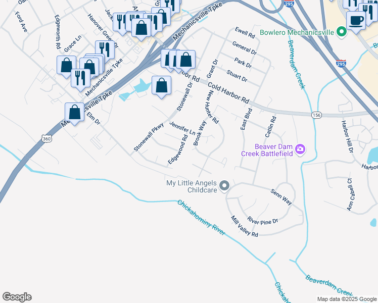 map of restaurants, bars, coffee shops, grocery stores, and more near 7461 Bridle Court in Mechanicsville