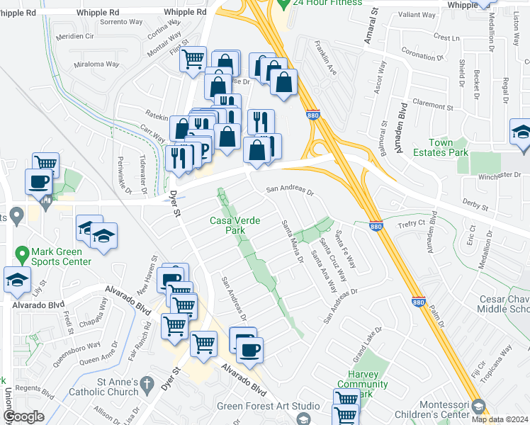 map of restaurants, bars, coffee shops, grocery stores, and more near 3133 San Angelo Way in Union City