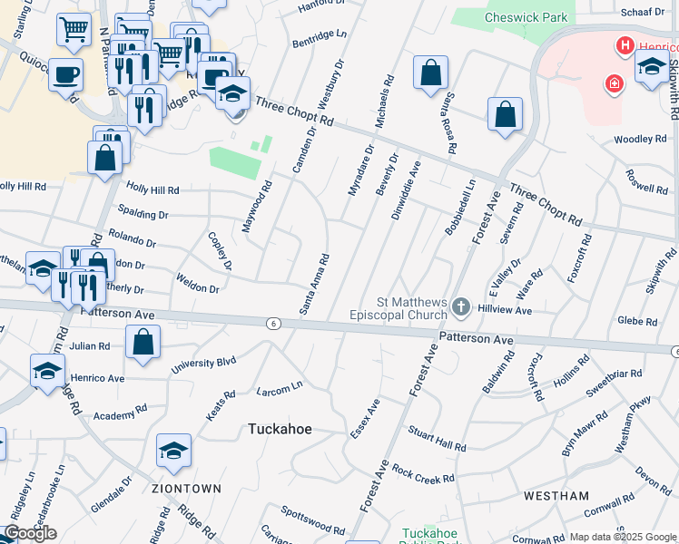 map of restaurants, bars, coffee shops, grocery stores, and more near 1122 Beverly Drive in Richmond