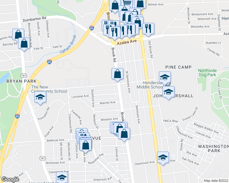 map of restaurants, bars, coffee shops, grocery stores, and more near 1206 Lorraine Ave in Richmond