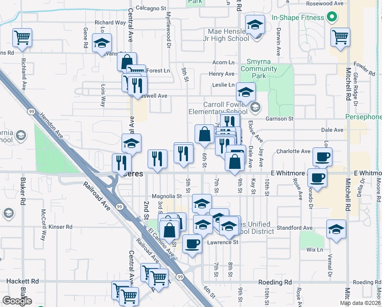 map of restaurants, bars, coffee shops, grocery stores, and more near 2302 5th Street in Ceres