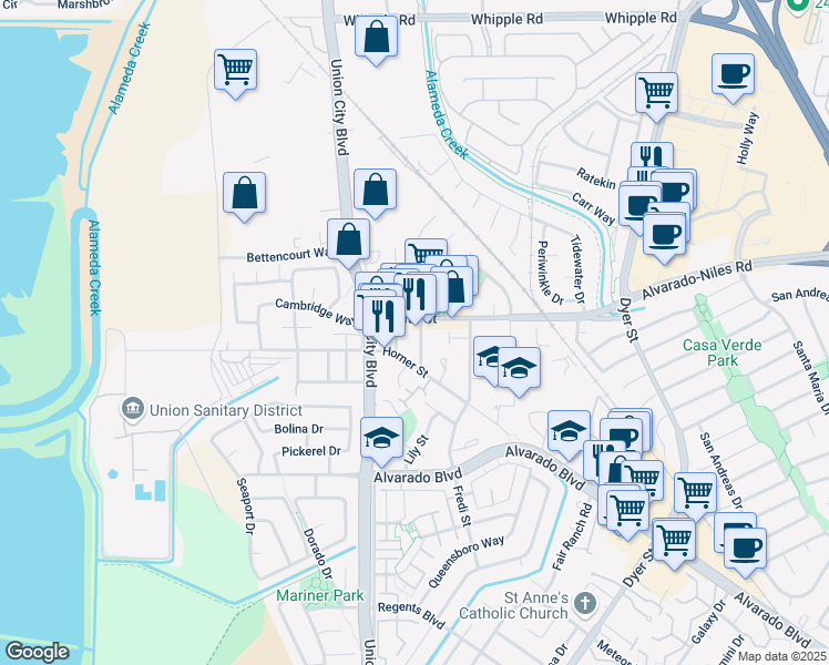 map of restaurants, bars, coffee shops, grocery stores, and more near 31025 Watkins Street in Union City