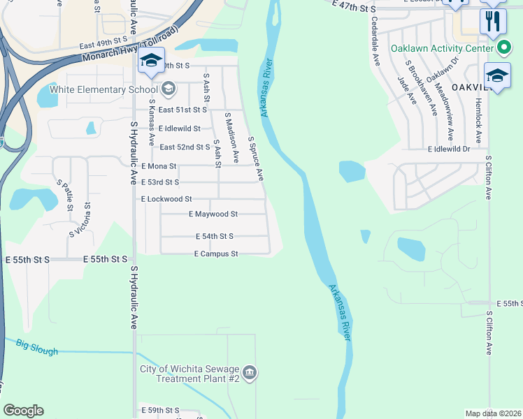 map of restaurants, bars, coffee shops, grocery stores, and more near 2242 East Maywood Street in Wichita