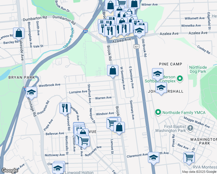 map of restaurants, bars, coffee shops, grocery stores, and more near 1206 Lorraine Ave in Richmond