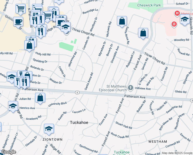 map of restaurants, bars, coffee shops, grocery stores, and more near 1122 Beverly Drive in Richmond