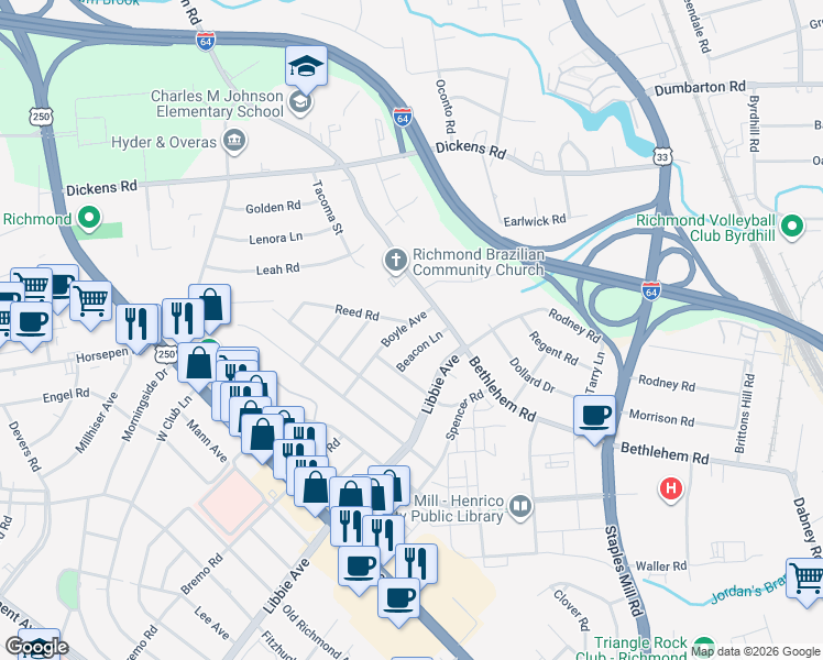 map of restaurants, bars, coffee shops, grocery stores, and more near 2413 Boyle Avenue in Richmond