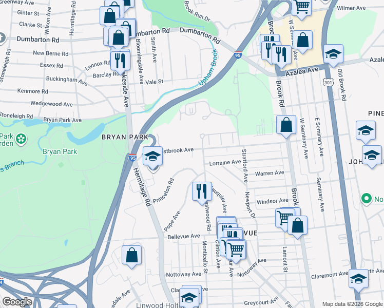 map of restaurants, bars, coffee shops, grocery stores, and more near 1605 Westbrook Avenue in Richmond