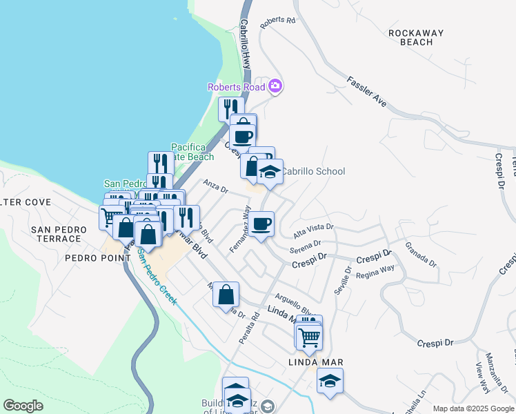 map of restaurants, bars, coffee shops, grocery stores, and more near 690 Crespi Drive in Pacifica