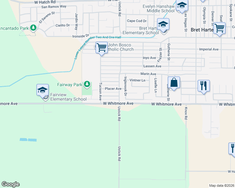 map of restaurants, bars, coffee shops, grocery stores, and more near 1509 Plumas Avenue in Modesto