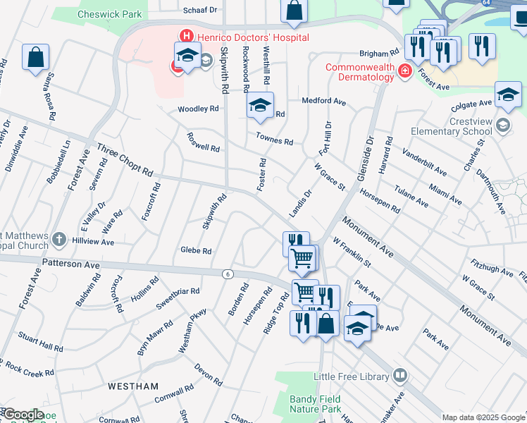 map of restaurants, bars, coffee shops, grocery stores, and more near 7403 Three Chopt Road in Richmond