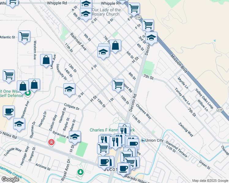 map of restaurants, bars, coffee shops, grocery stores, and more near 33853 10th Street in Union City