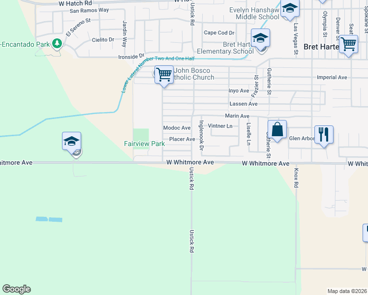 map of restaurants, bars, coffee shops, grocery stores, and more near 1509 Plumas Ave in Modesto