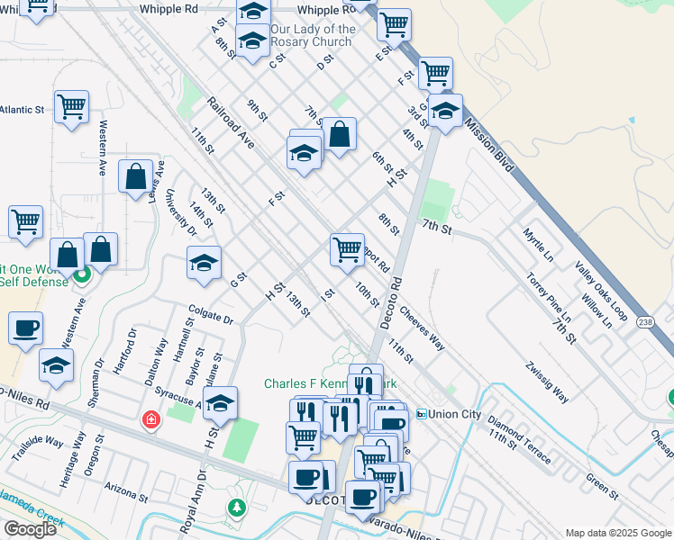 map of restaurants, bars, coffee shops, grocery stores, and more near 33853 10th Street in Union City