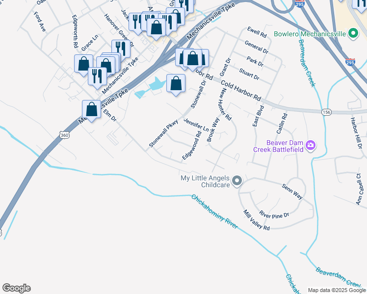 map of restaurants, bars, coffee shops, grocery stores, and more near 7487 Overlook Drive in Mechanicsville