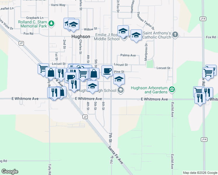 map of restaurants, bars, coffee shops, grocery stores, and more near 2425 7th Street in Hughson