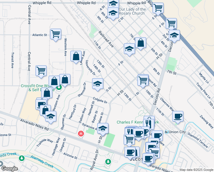 map of restaurants, bars, coffee shops, grocery stores, and more near 33642 15th Street in Union City