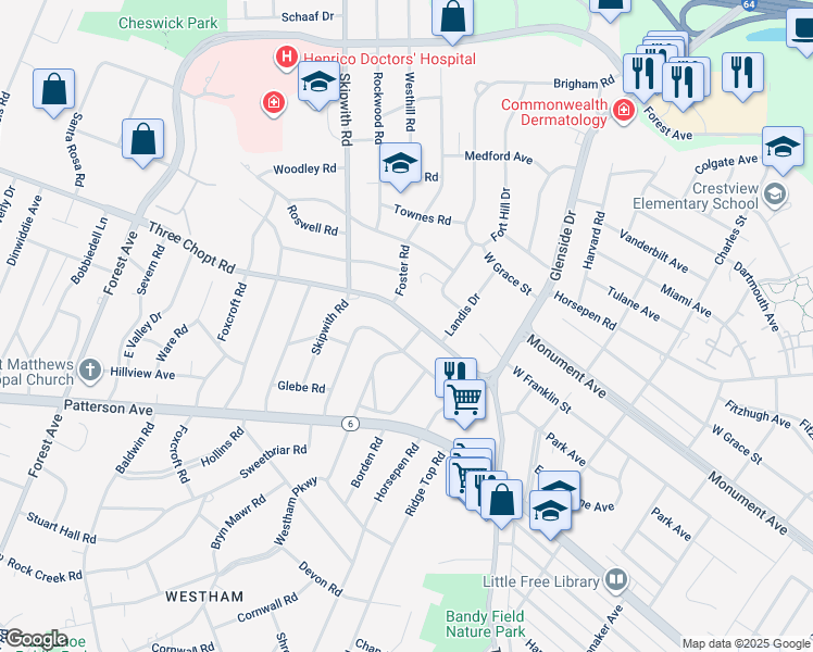 map of restaurants, bars, coffee shops, grocery stores, and more near 7403 Three Chopt Road in Richmond