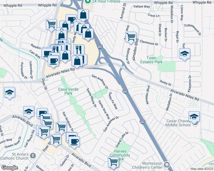 map of restaurants, bars, coffee shops, grocery stores, and more near 31322 San Andreas Drive in Union City