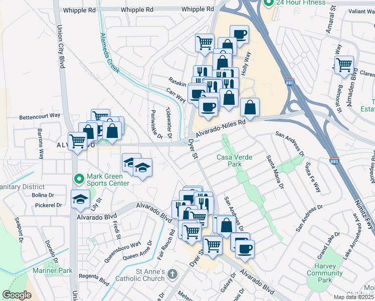 map of restaurants, bars, coffee shops, grocery stores, and more near 3305 San Carlos Way in Union City