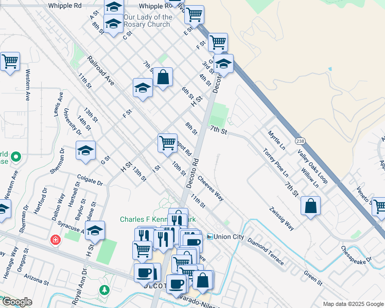 map of restaurants, bars, coffee shops, grocery stores, and more near 33950 Depot Road in Union City