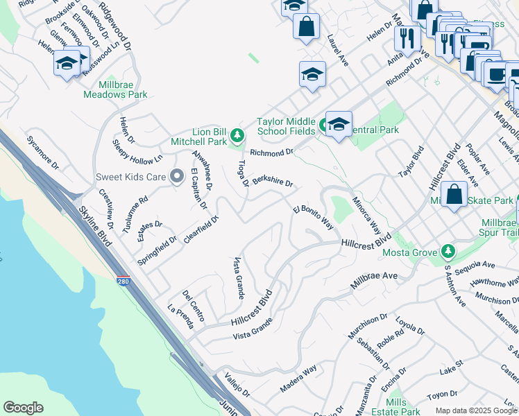 map of restaurants, bars, coffee shops, grocery stores, and more near 734 Clearfield Drive in Millbrae