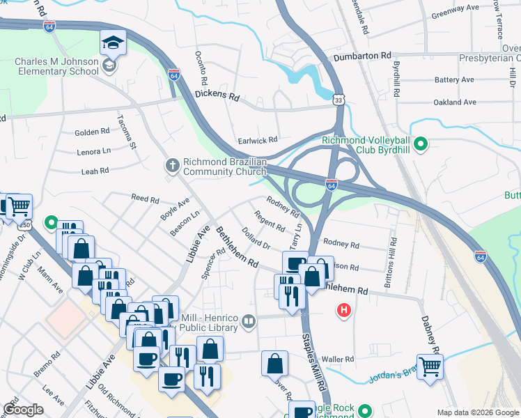 map of restaurants, bars, coffee shops, grocery stores, and more near 5006 Regent Road in Richmond
