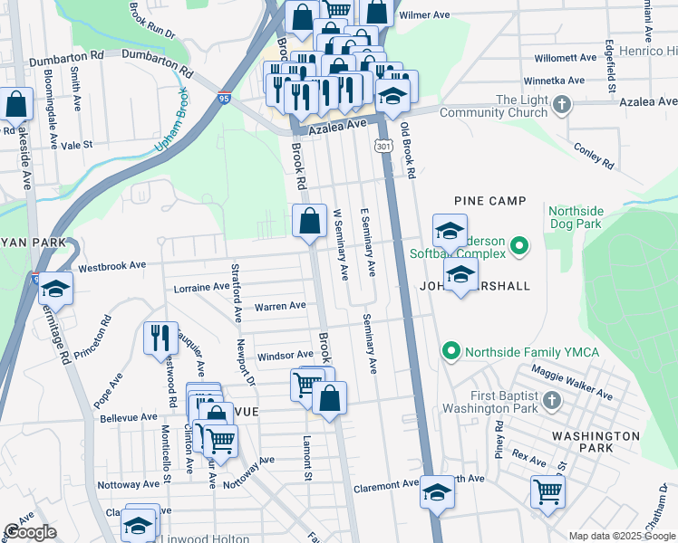 map of restaurants, bars, coffee shops, grocery stores, and more near 4524 West Seminary Avenue in Richmond