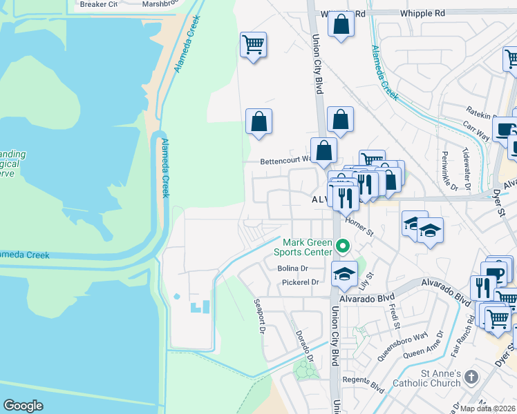 map of restaurants, bars, coffee shops, grocery stores, and more near 4424 Canterbury Way in Union City