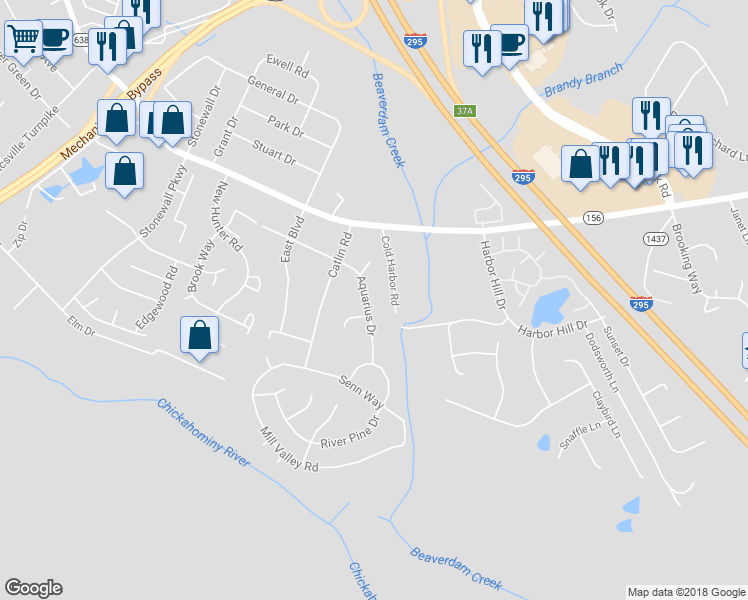 map of restaurants, bars, coffee shops, grocery stores, and more near 7128 Aquarius Drive in Mechanicsville
