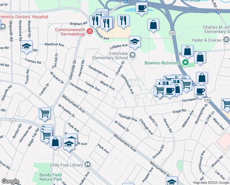 map of restaurants, bars, coffee shops, grocery stores, and more near 1304 Aldwych Court in Richmond