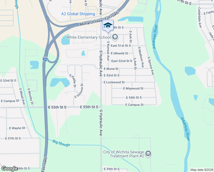 map of restaurants, bars, coffee shops, grocery stores, and more near 5447 South Kansas Street in Wichita