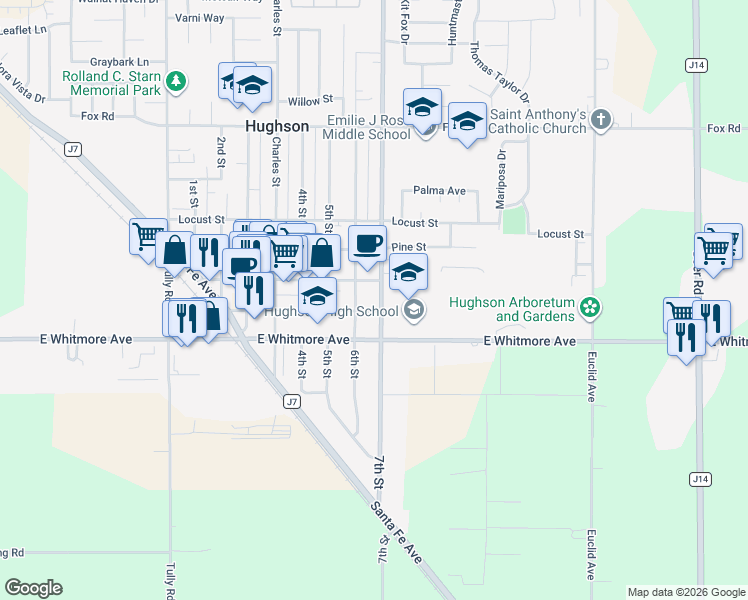 map of restaurants, bars, coffee shops, grocery stores, and more near 2425 7th Street in Hughson