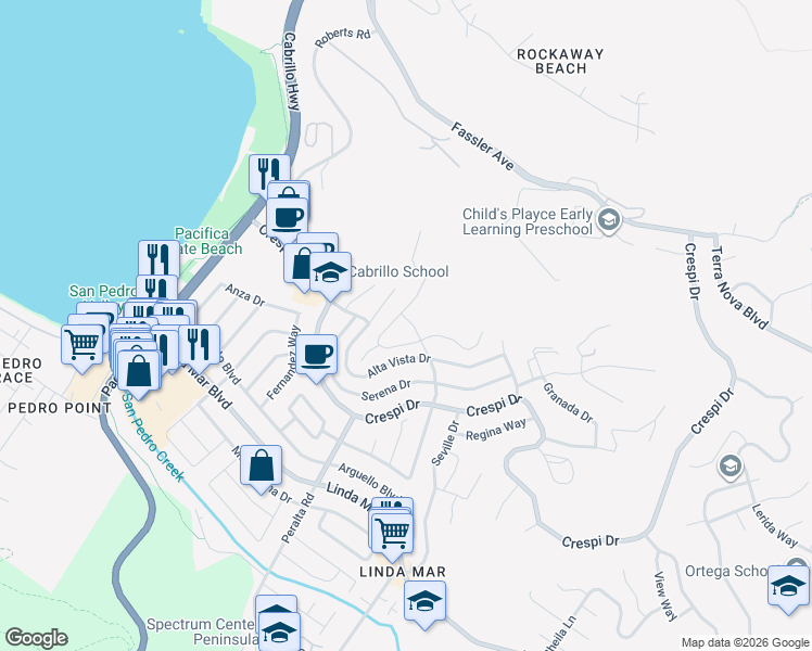 map of restaurants, bars, coffee shops, grocery stores, and more near 1016 Escalero Avenue in Pacifica