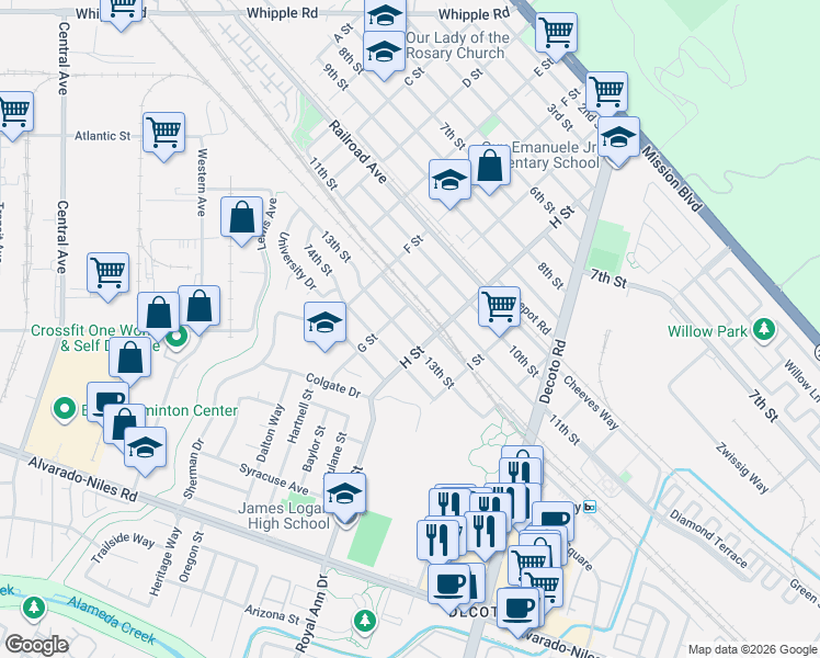 map of restaurants, bars, coffee shops, grocery stores, and more near 33719 13th Street in Union City