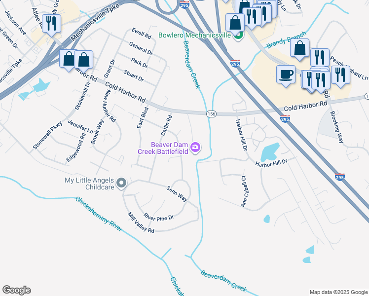 map of restaurants, bars, coffee shops, grocery stores, and more near 7128 Aquarius Drive in Mechanicsville