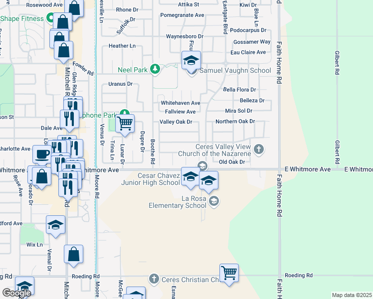 map of restaurants, bars, coffee shops, grocery stores, and more near 3641 Southern Oak Drive in Ceres