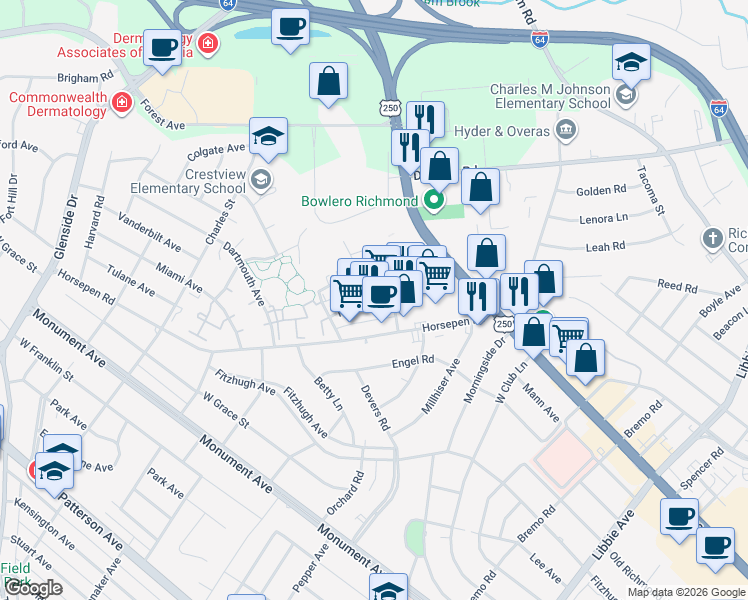 map of restaurants, bars, coffee shops, grocery stores, and more near 6405 Rigsby Rd in Richmond