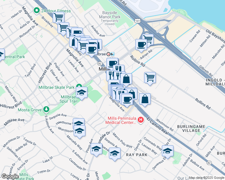 map of restaurants, bars, coffee shops, grocery stores, and more near 115 Murchison Drive in Millbrae