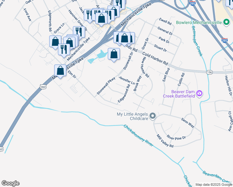 map of restaurants, bars, coffee shops, grocery stores, and more near 7491 Overlook Drive in Mechanicsville