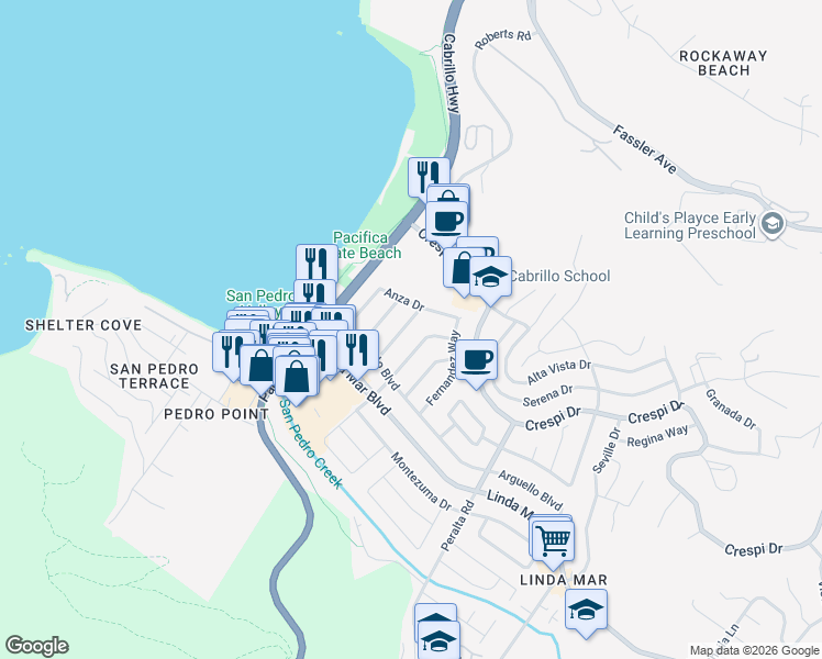 map of restaurants, bars, coffee shops, grocery stores, and more near 1127 Cervantes Way in Pacifica